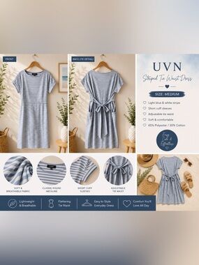 UVN Blue White Striped Tie Back Dress Size Medium NWT